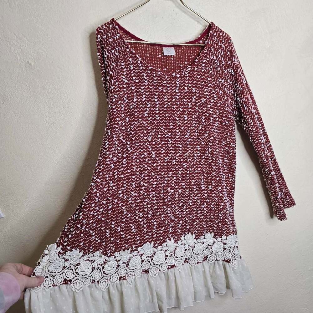 Burgundy Popcorn Knit Lace Ruffle Tunic Dress - Picture 6 of 8